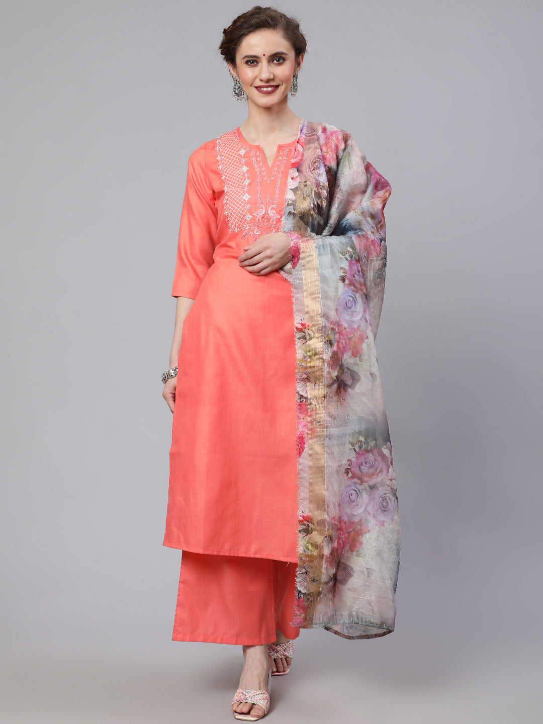 Peach Embroidered Kurta Palazzo With Dupatta