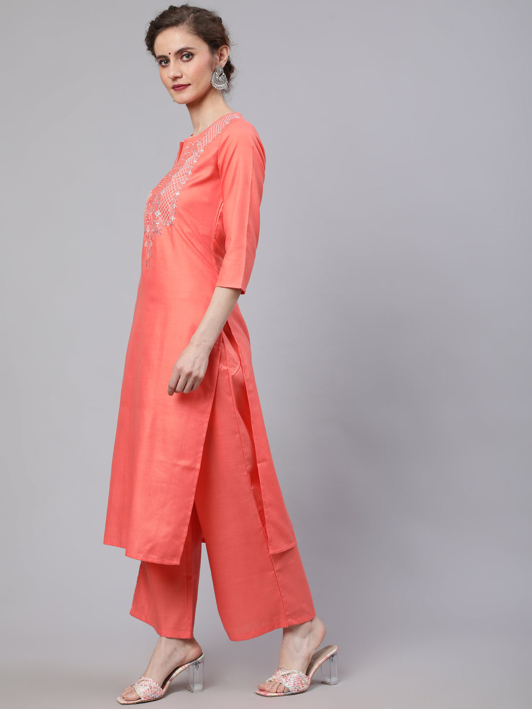 Peach Embroidered Kurta Palazzo With Dupatta