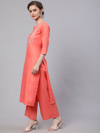 Peach Embroidered Kurta Palazzo With Dupatta