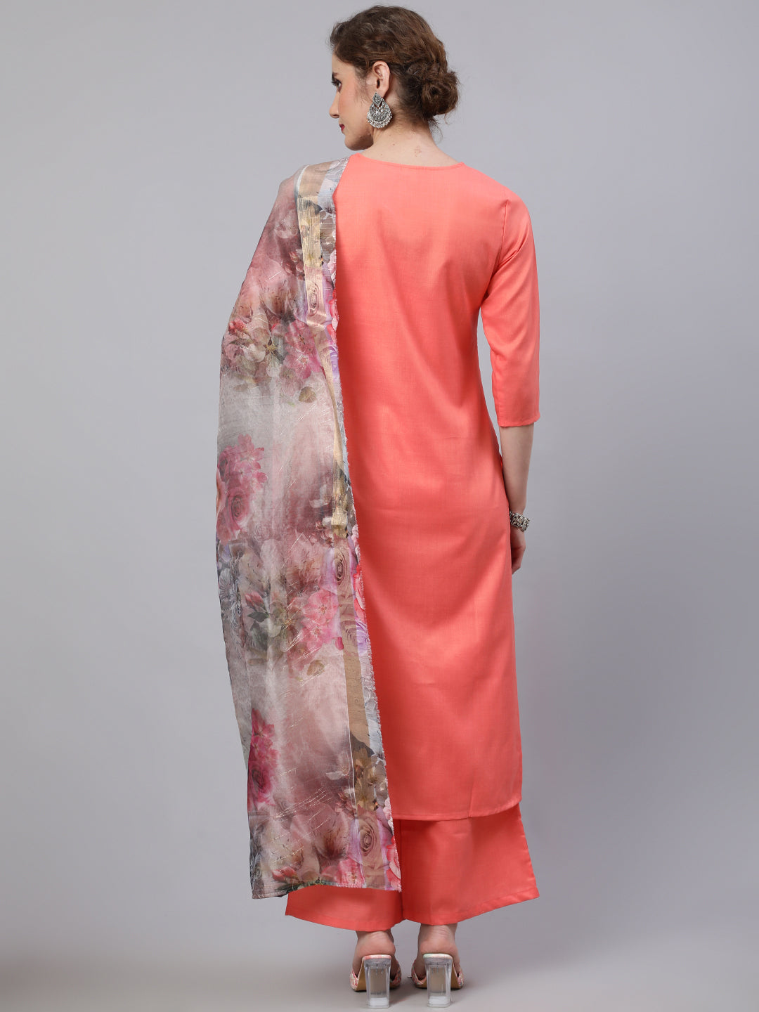 Peach Embroidered Kurta Palazzo With Dupatta