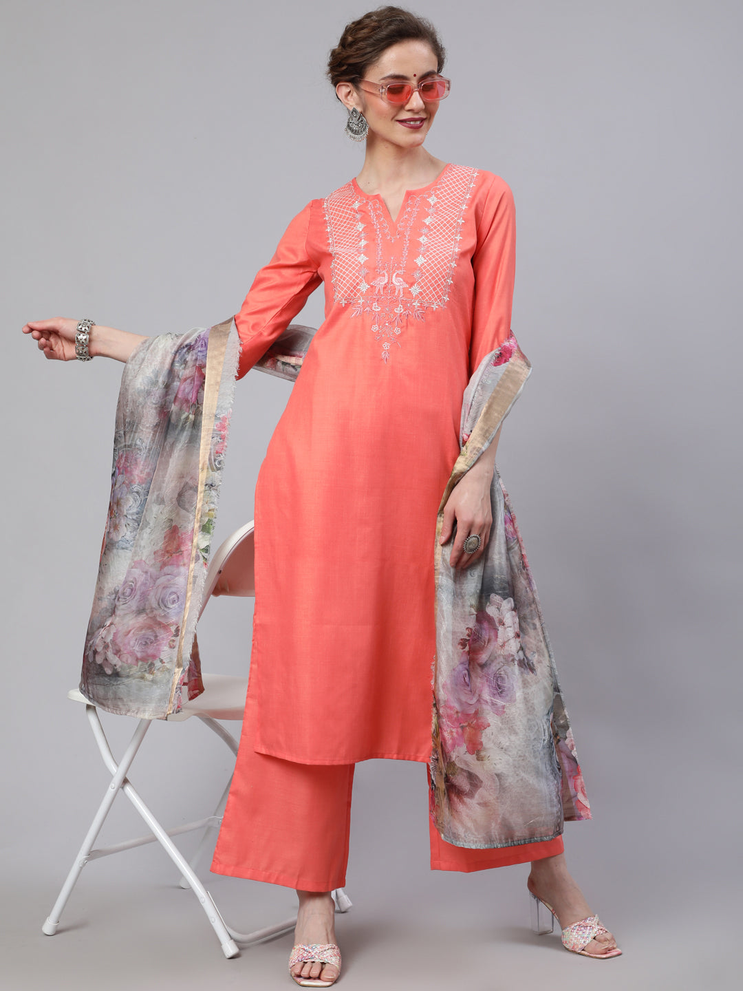 Peach Embroidered Kurta Palazzo With Dupatta