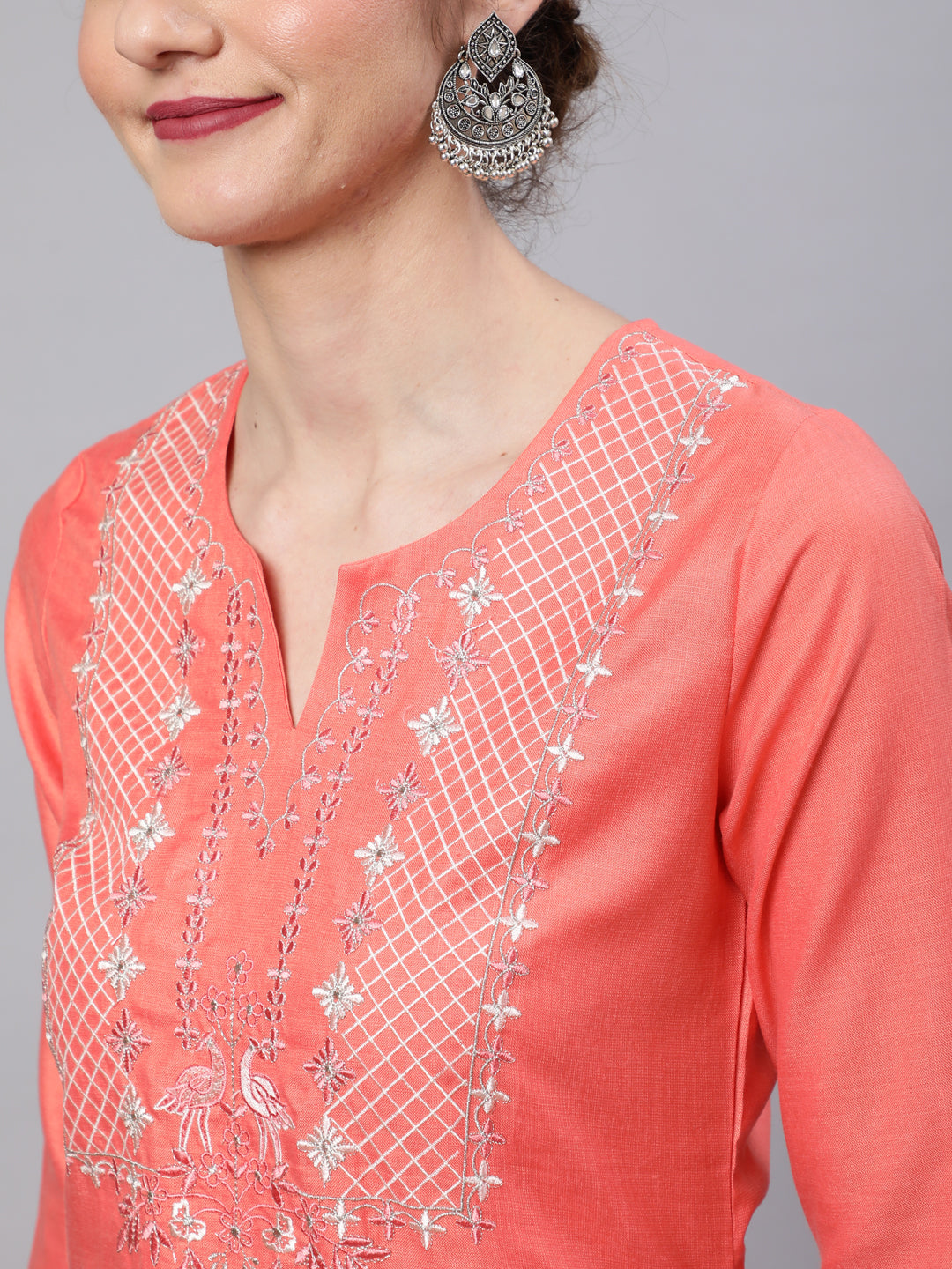 Peach Embroidered Kurta Palazzo With Dupatta