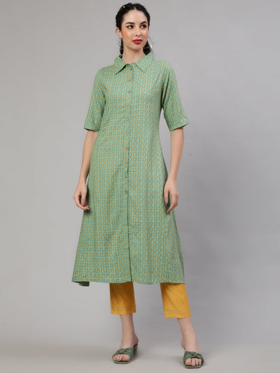 Green Printed A-Line Kurta With Pant