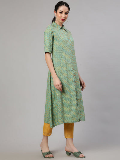 Green Printed A-Line Kurta With Pant