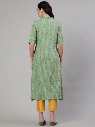 Green Printed A-Line Kurta With Pant