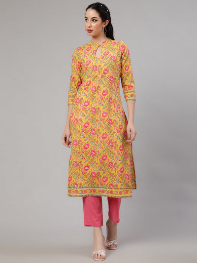 Yellow Floral Print Kurta With Pant