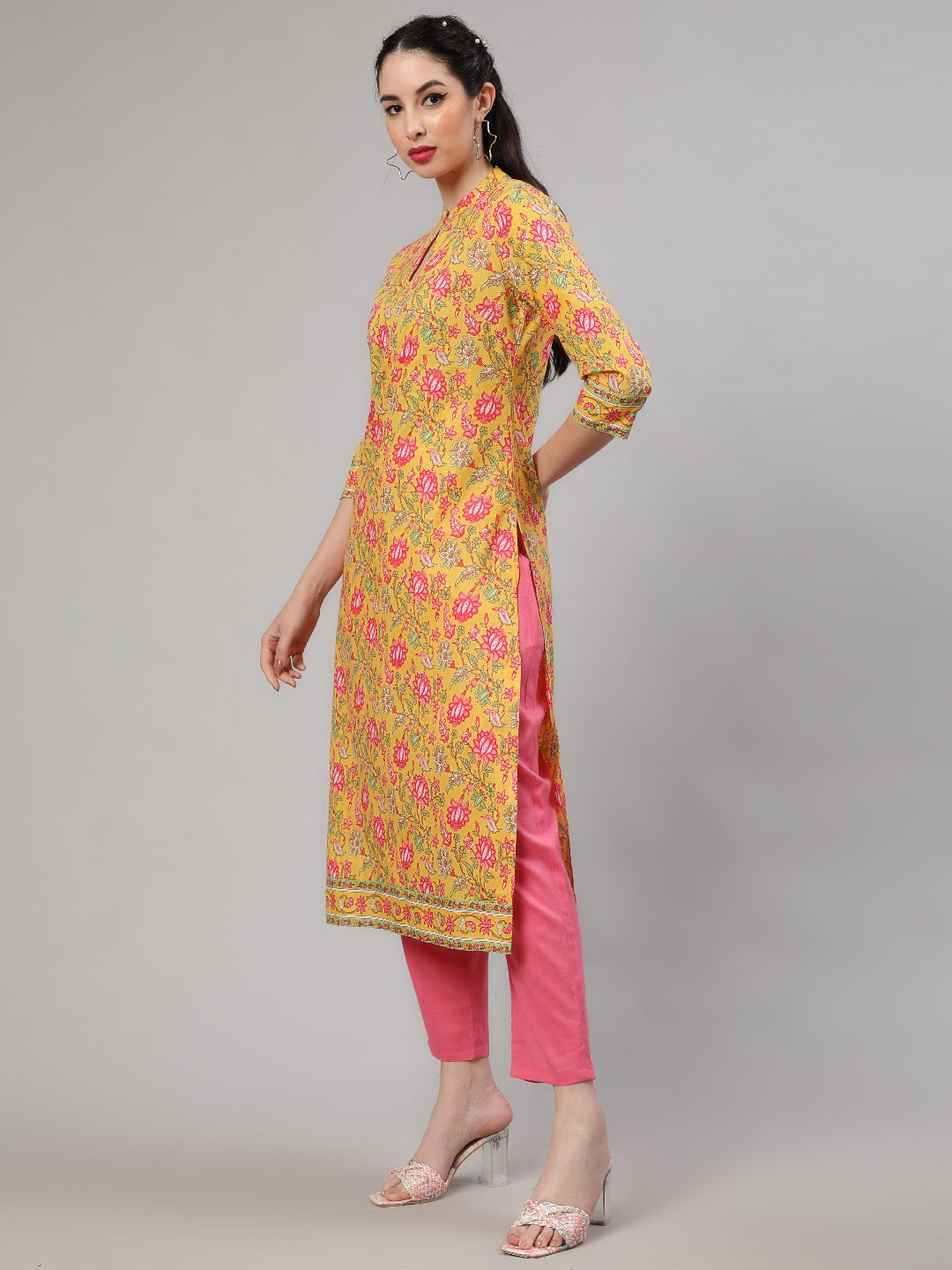 Yellow Floral Print Kurta With Pant