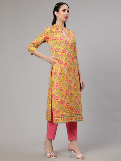 Yellow Floral Print Kurta With Pant