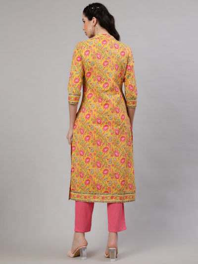 Yellow Floral Print Kurta With Pant