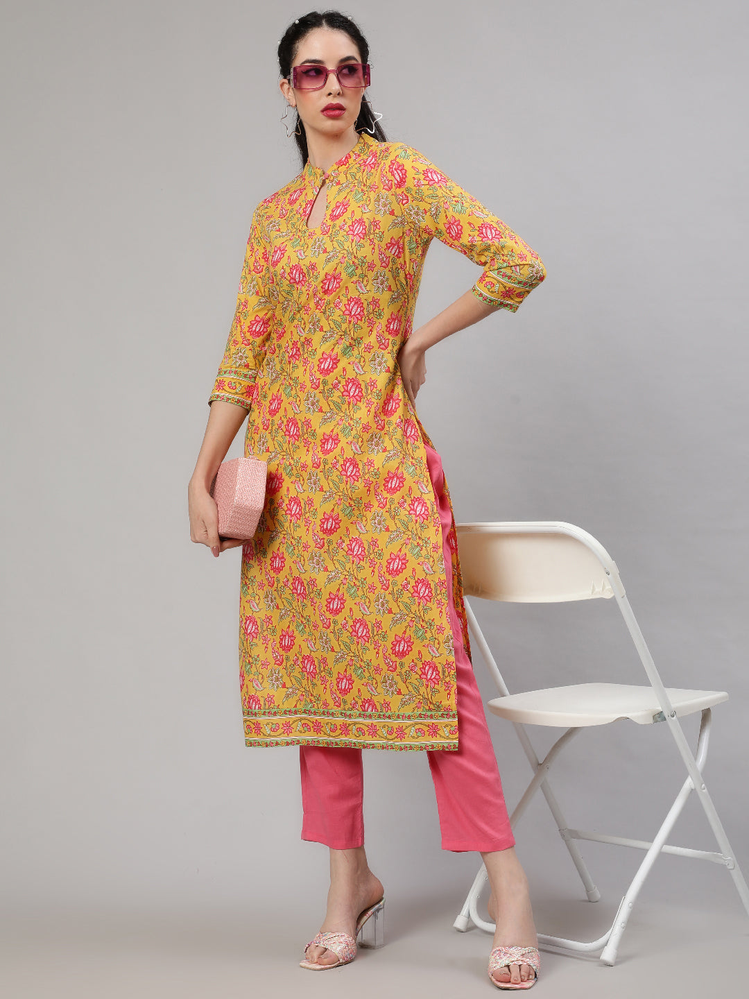 Yellow Floral Print Kurta With Pant