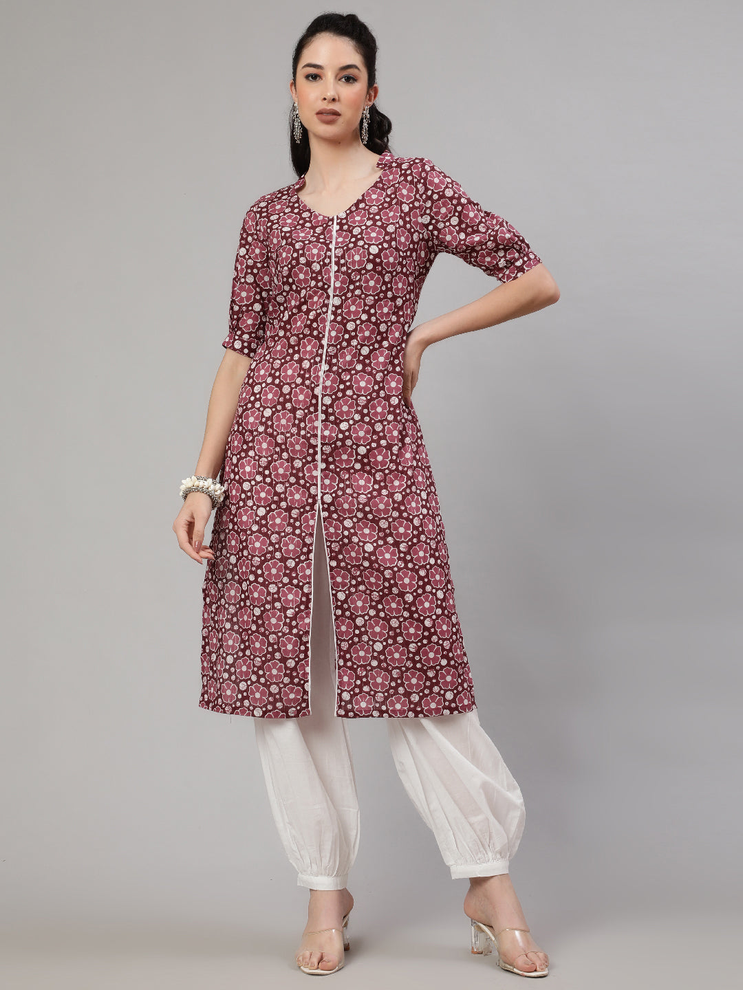 Burgundy Floral Print Kurta With Palazzo