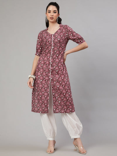 Burgundy Floral Print Kurta With Palazzo