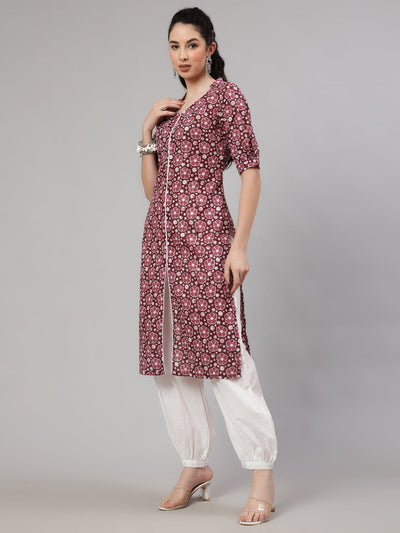 Burgundy Floral Print Kurta With Palazzo