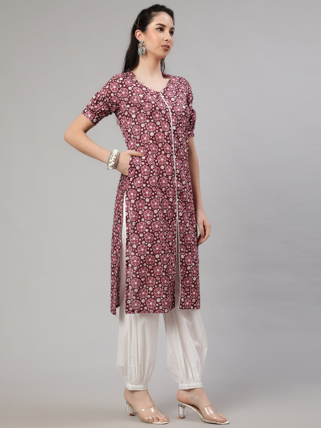 Burgundy Floral Print Kurta With Palazzo