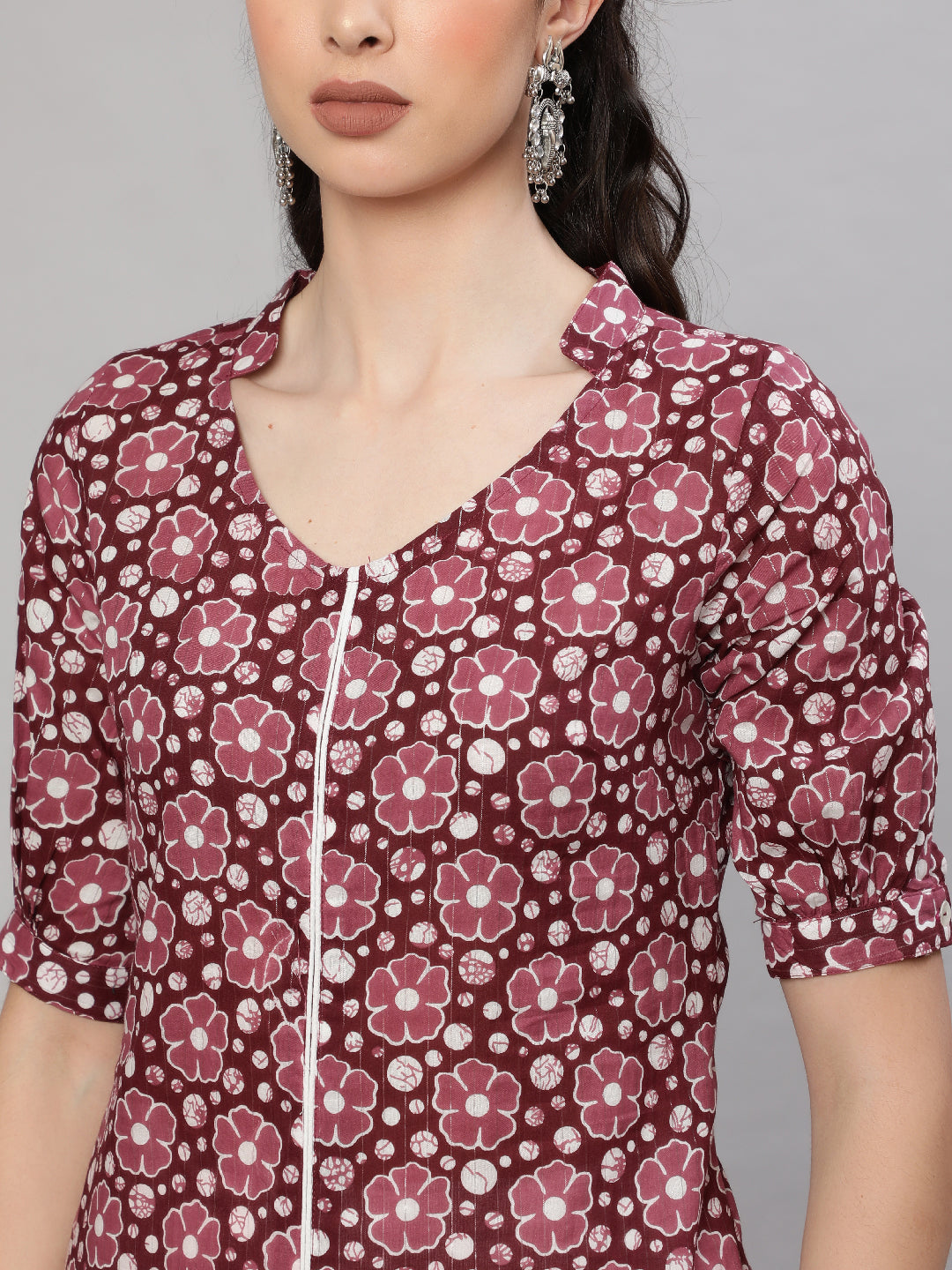 Burgundy Floral Print Kurta With Palazzo