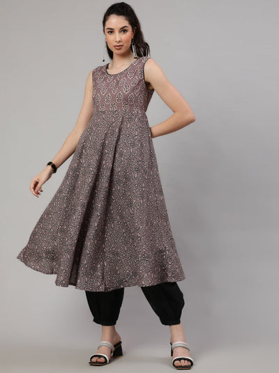 Grey Floral Print Anarkali With Palazzo