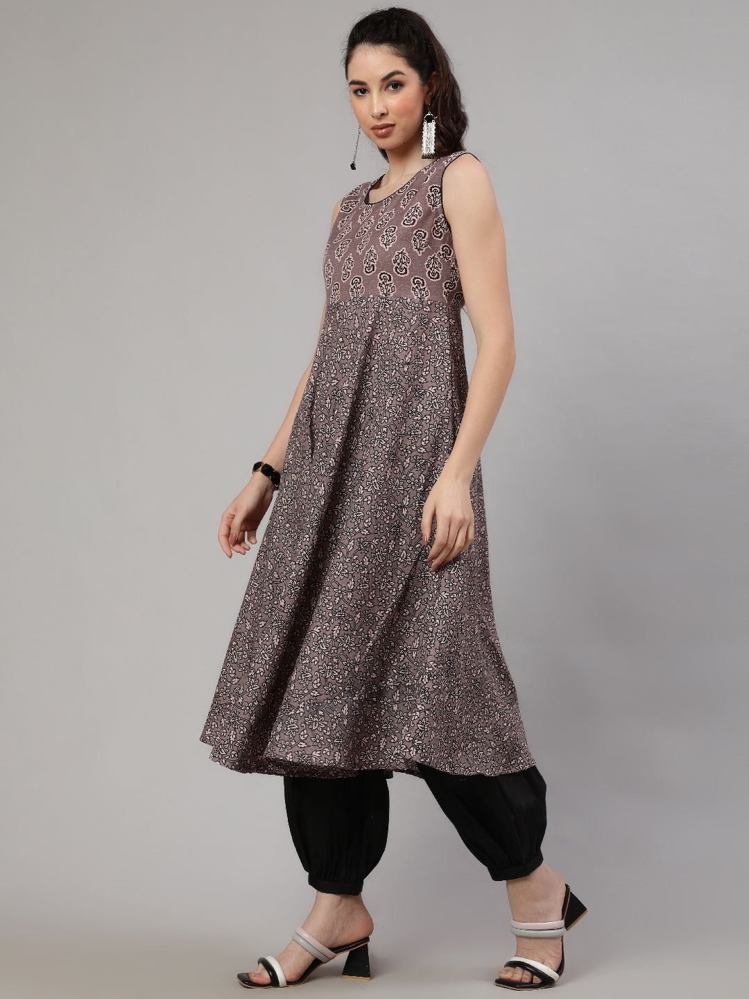 Grey Floral Print Anarkali With Palazzo