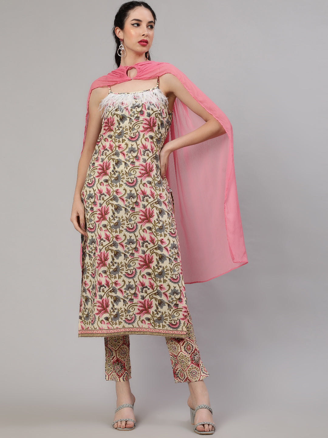 Cream Floral Print Kurta Pant With Dupatta