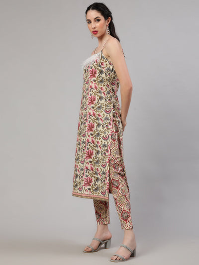 Cream Floral Print Kurta Pant With Dupatta