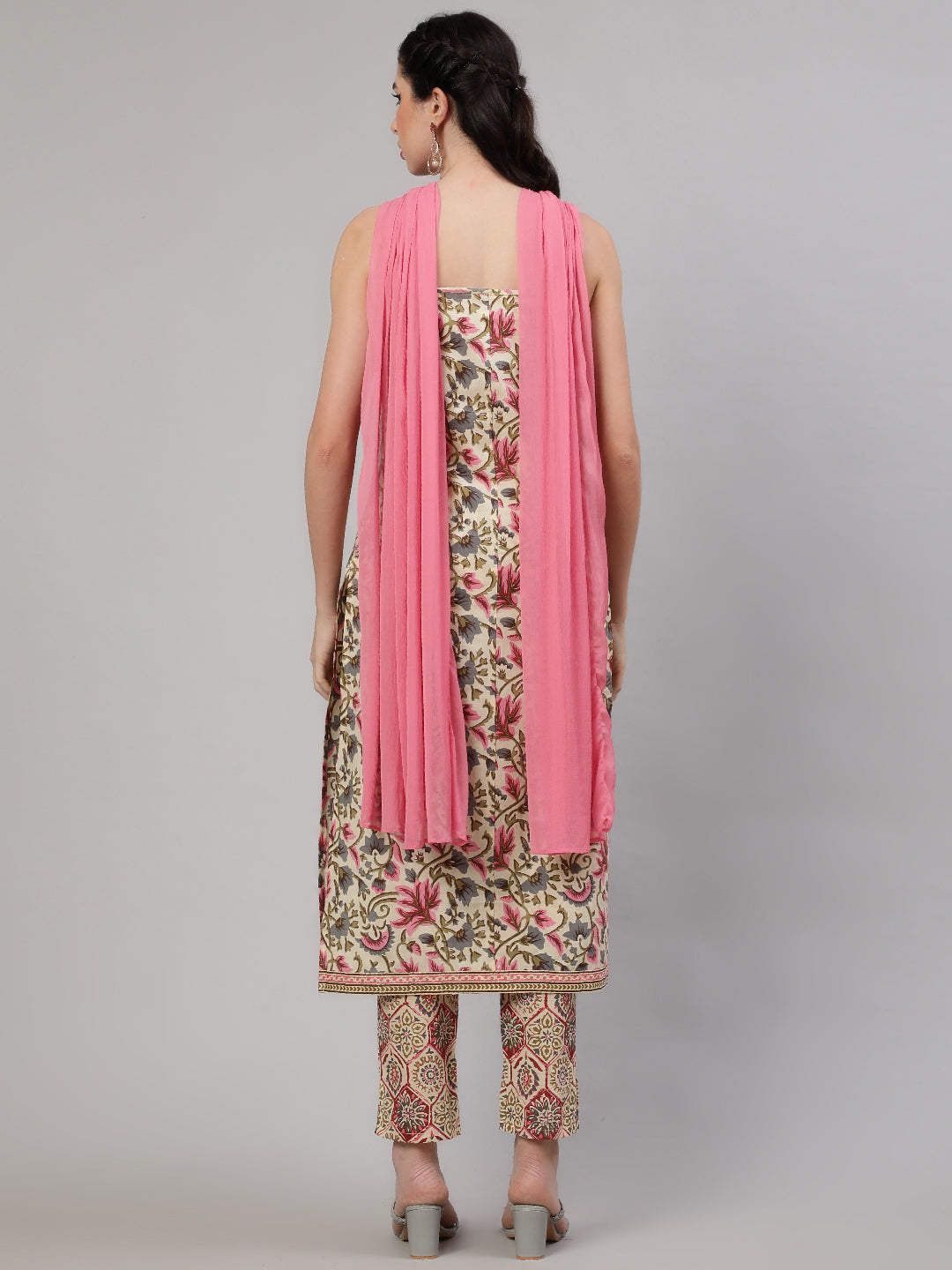 Cream Floral Print Kurta Pant With Dupatta