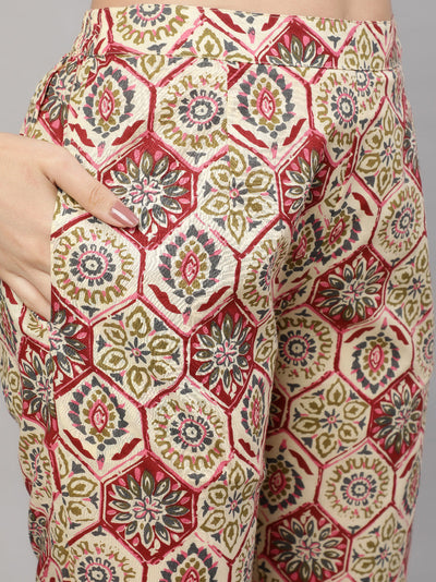 Cream Floral Print Kurta Pant With Dupatta