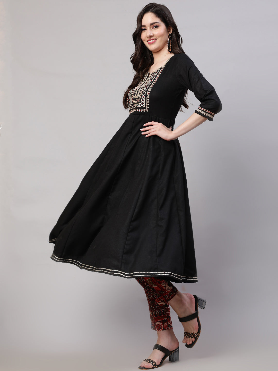 Black Embroidered Anarkali Pant With Dupatta