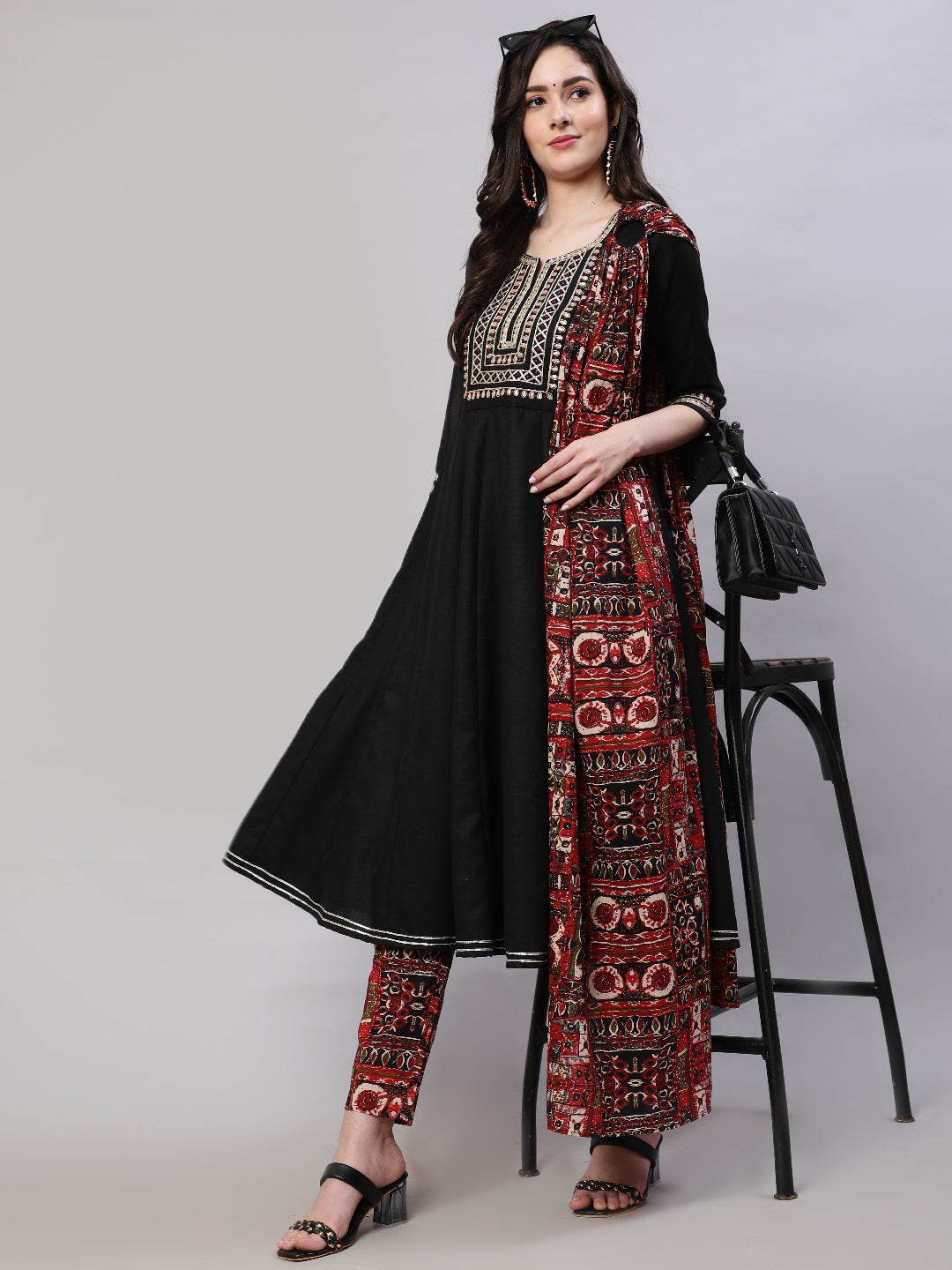 Black Embroidered Anarkali Pant With Dupatta