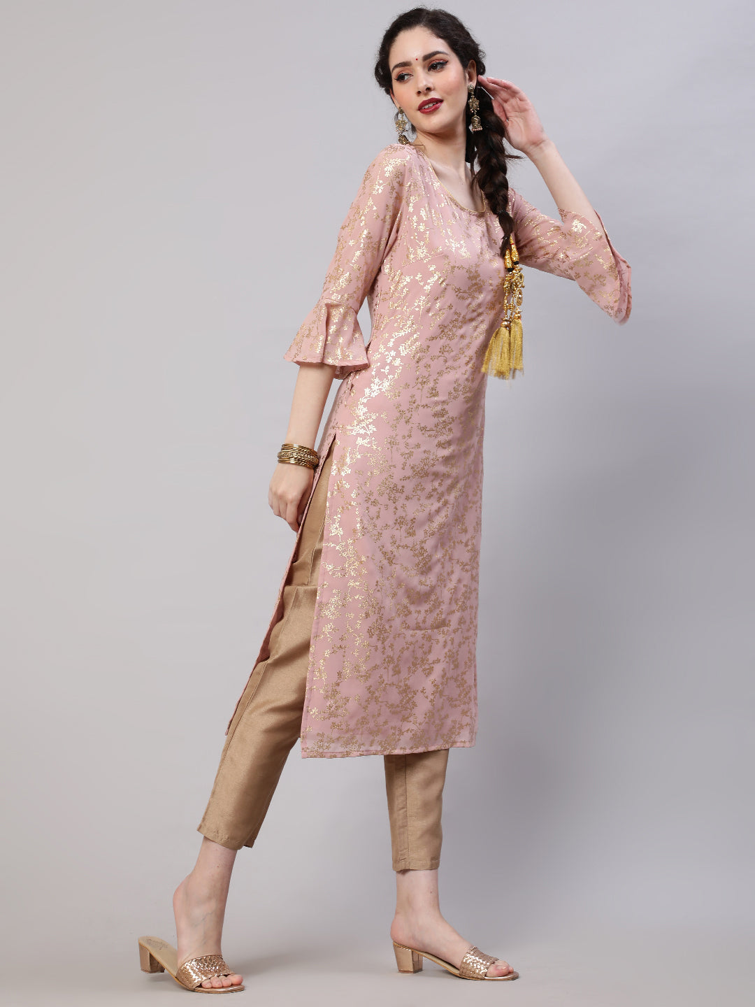 Peach Foil Printed Kurta With Pant