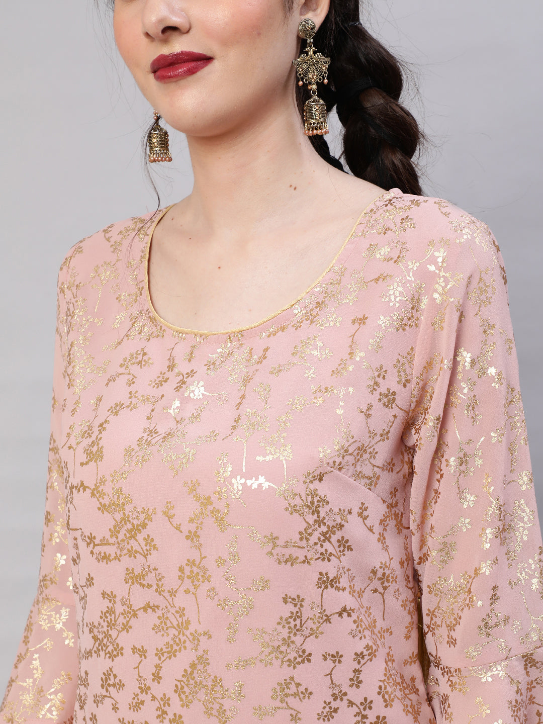 Peach Foil Printed Kurta With Pant