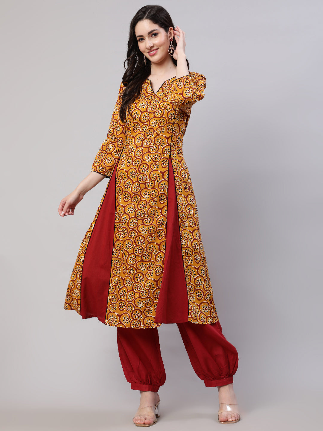 Mustard Printed A-line Kurta With Palazzo