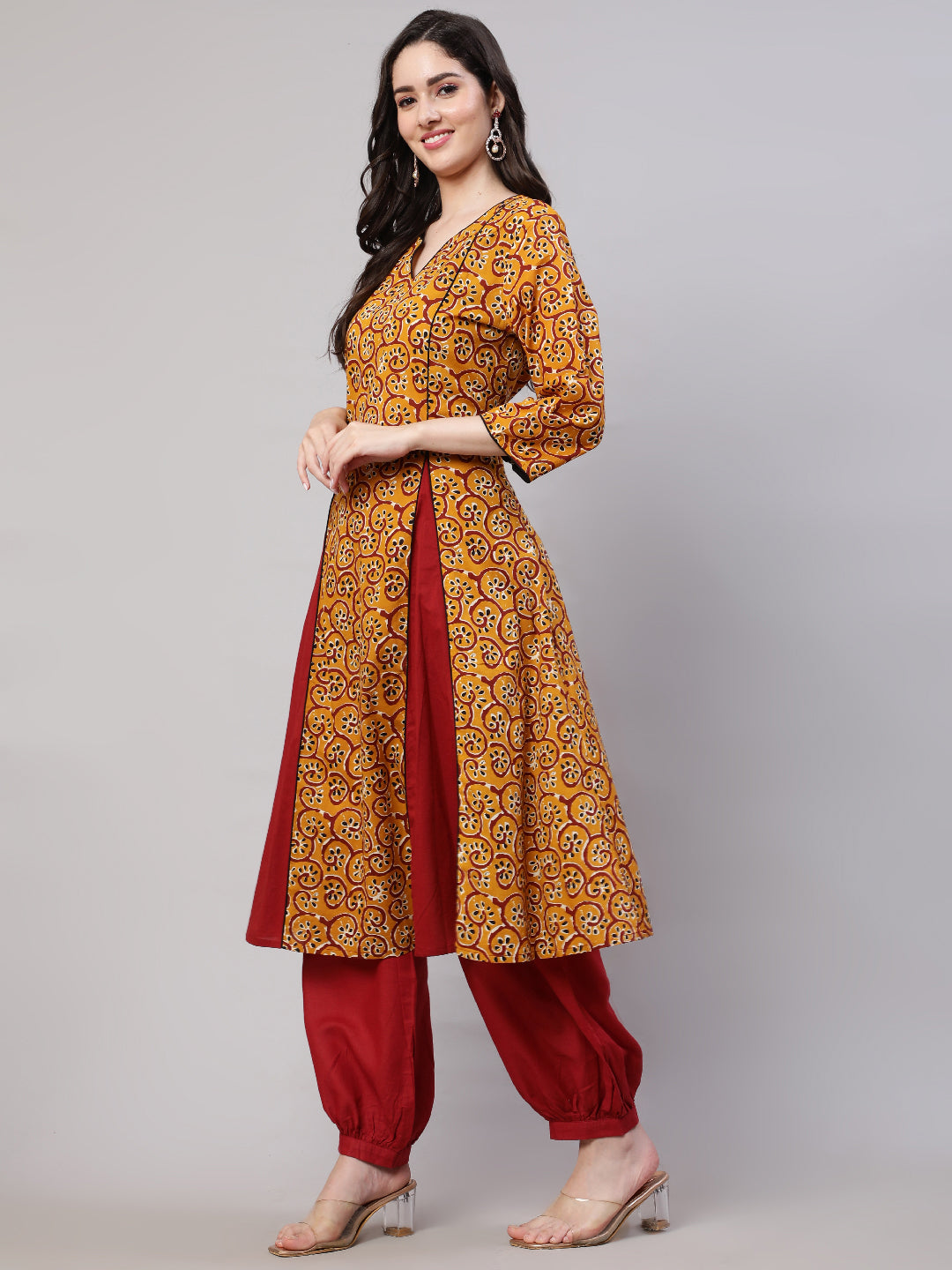 Mustard Printed A-line Kurta With Palazzo