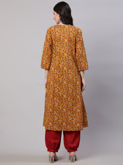 Mustard Printed A-line Kurta With Palazzo