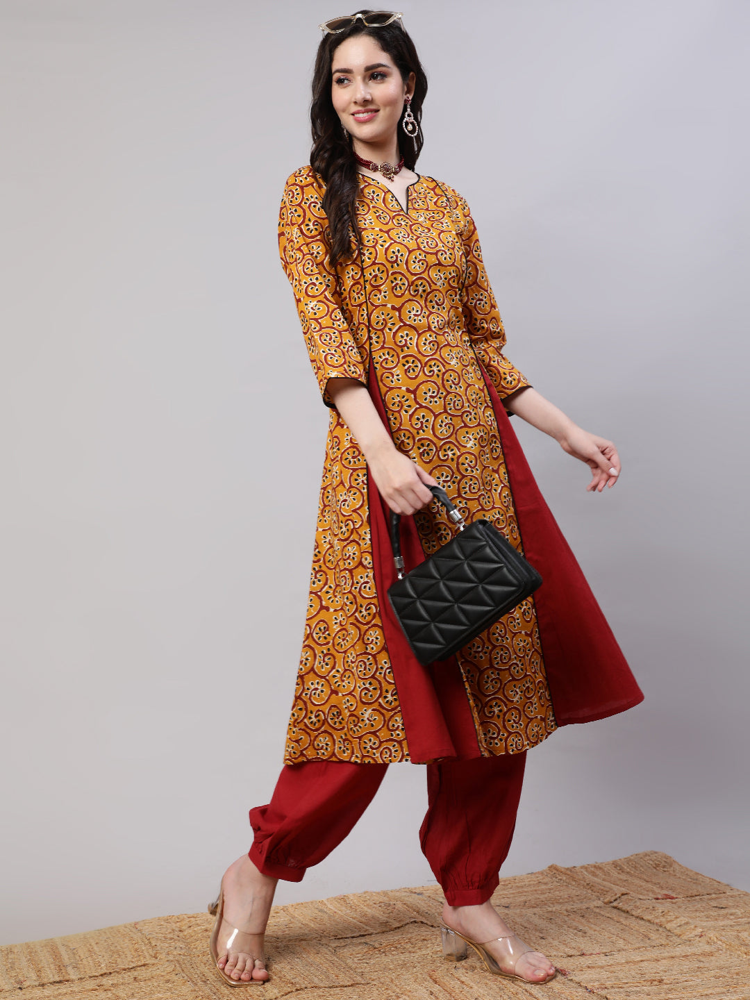 Mustard Printed A-line Kurta With Palazzo