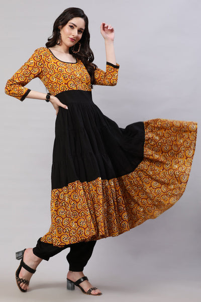 Mustard Printed Anarkali With Balloon Palazzo