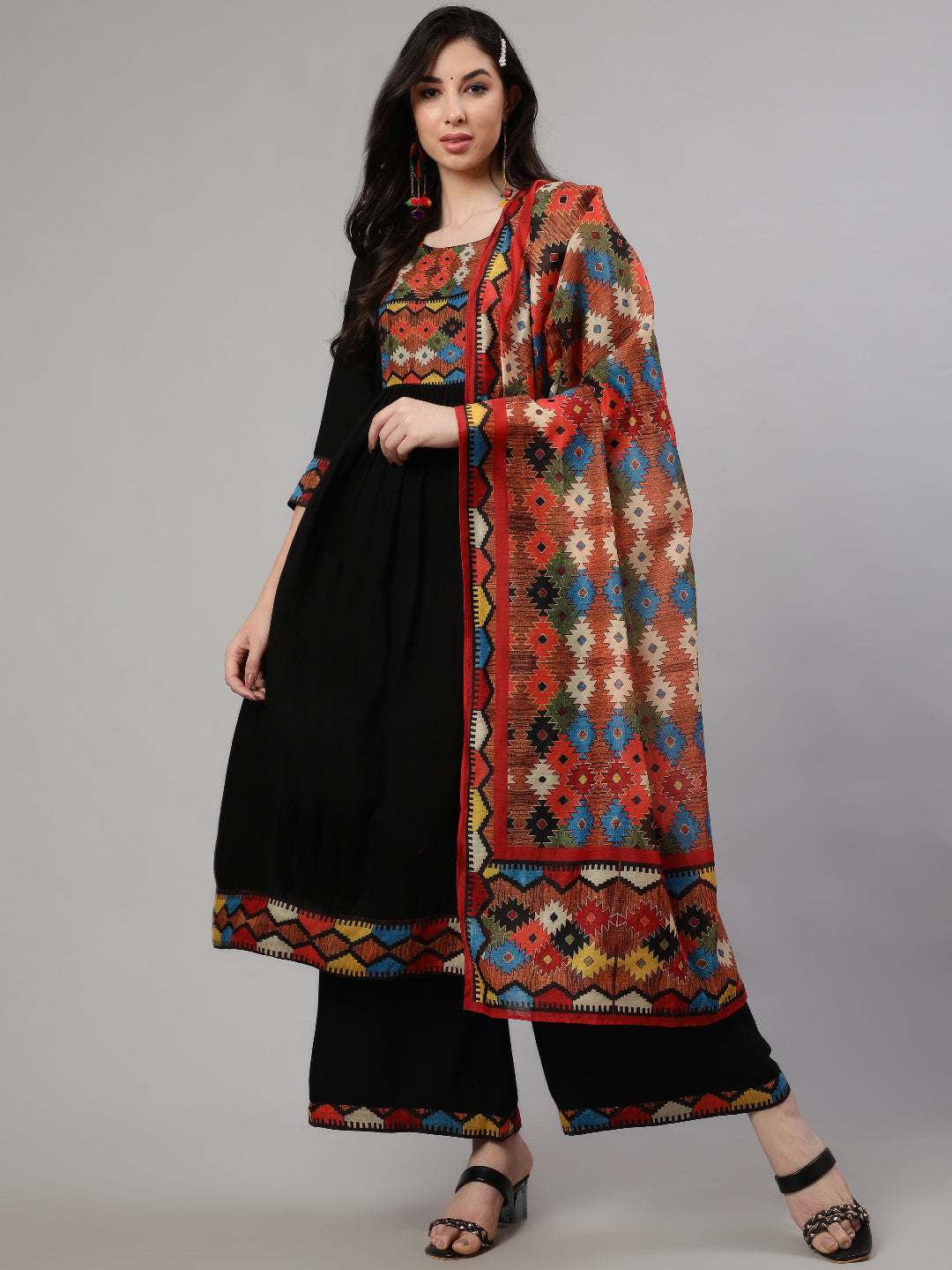 Black Printed Kurta Palazzo With Dupatta