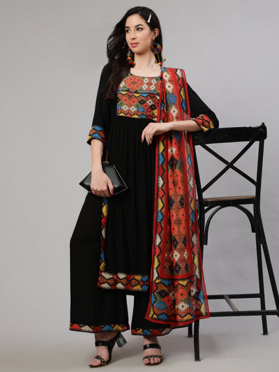 Black Printed Kurta Palazzo With Dupatta