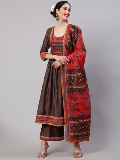 Brown Printed Nyra-Cut Kurta Palazzo With Dupatta