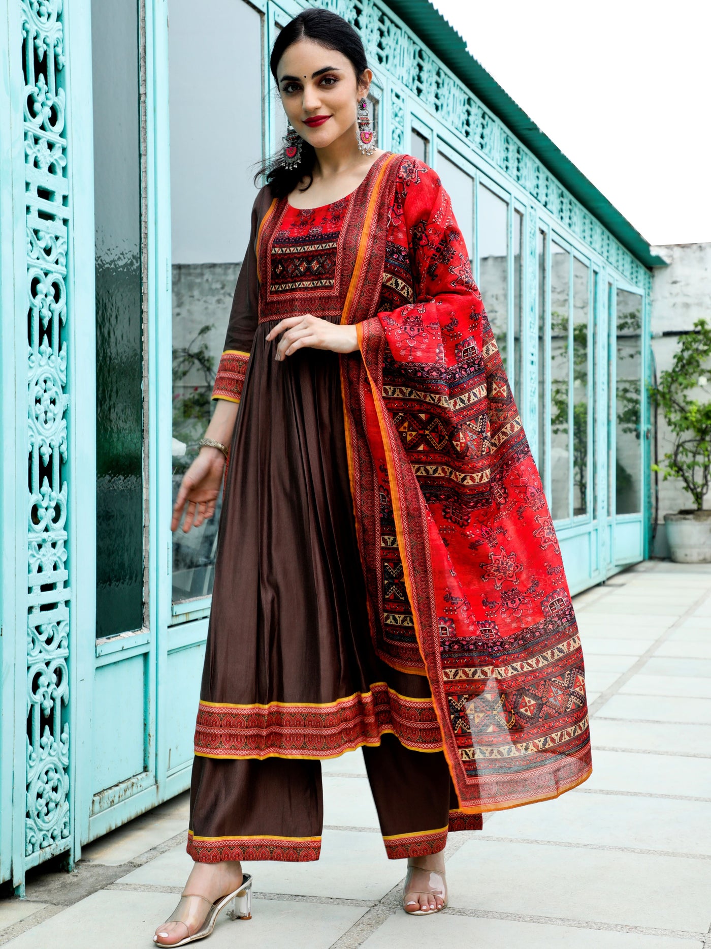 Brown Printed Nyra-Cut Kurta Palazzo With Dupatta