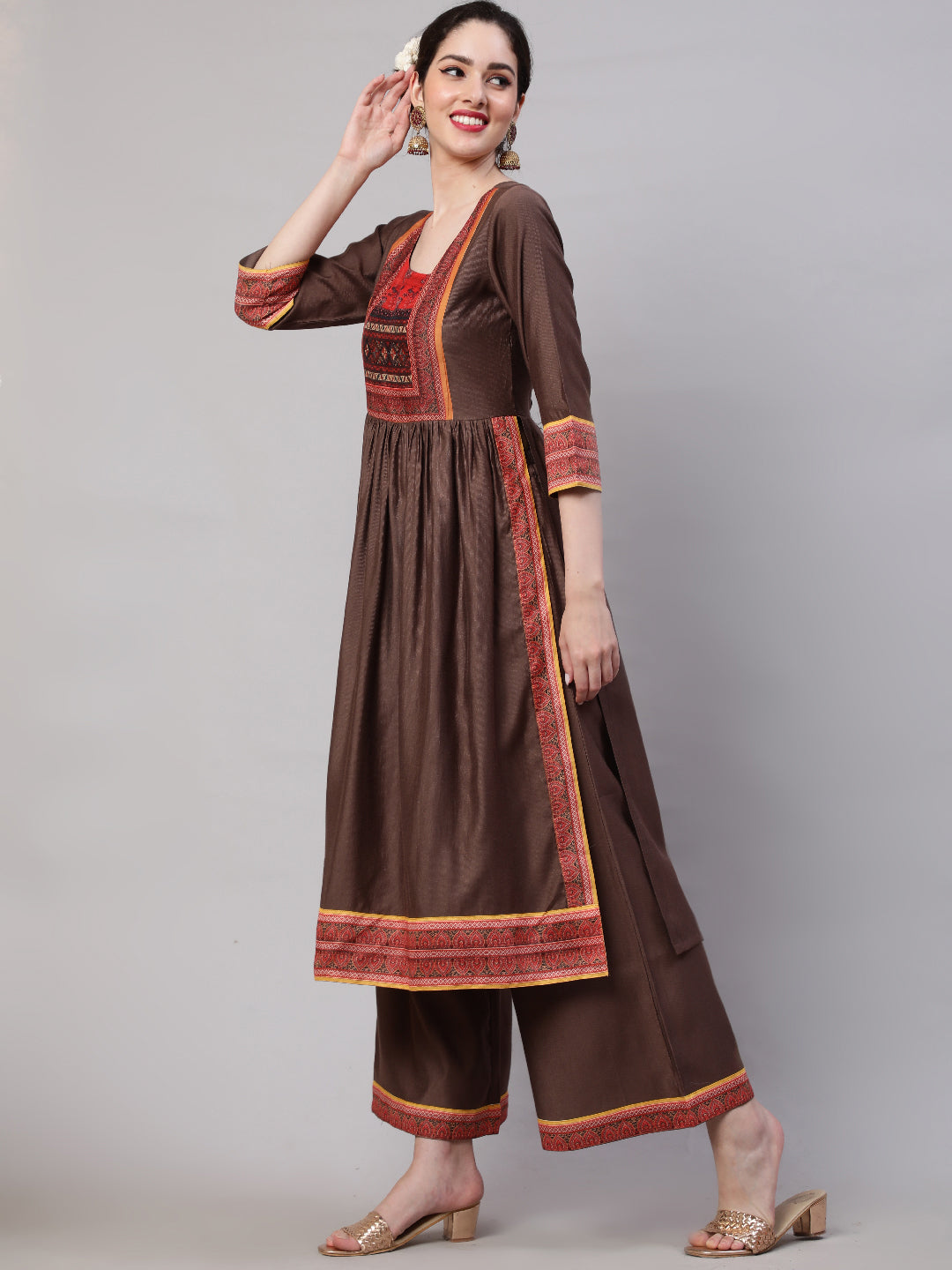 Brown Printed Nyra-Cut Kurta Palazzo With Dupatta