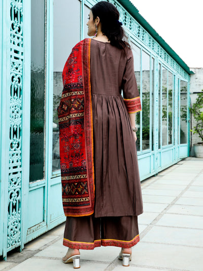 Brown Printed Nyra-Cut Kurta Palazzo With Dupatta