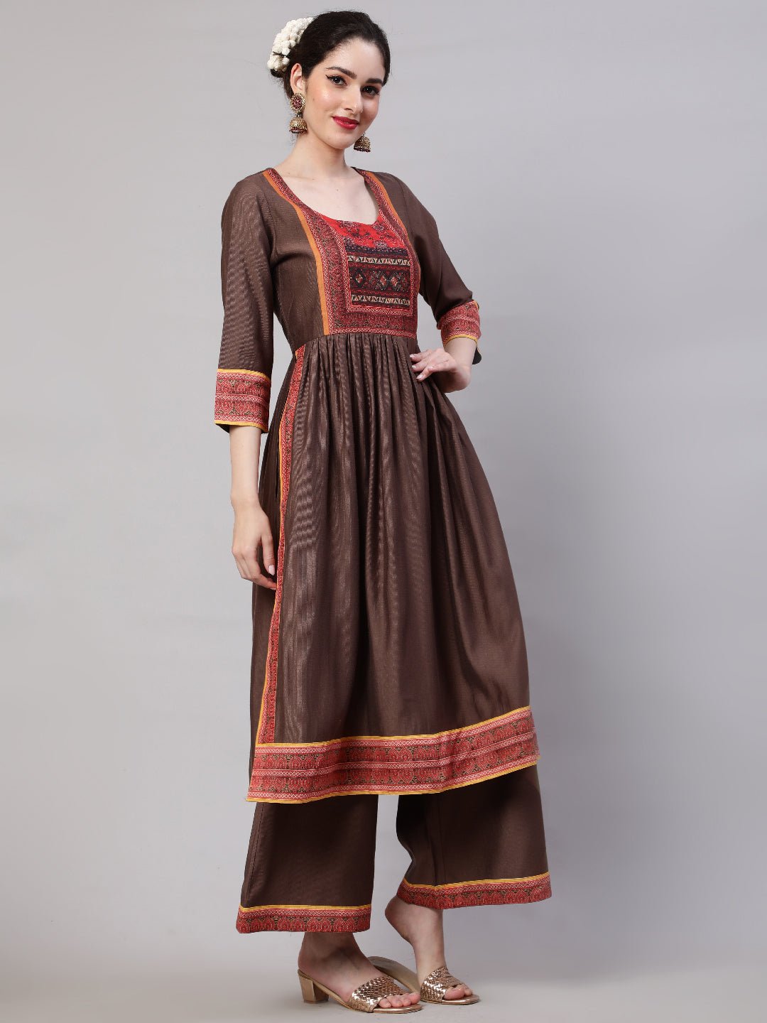 Brown Printed Nyra-Cut Kurta Palazzo With Dupatta