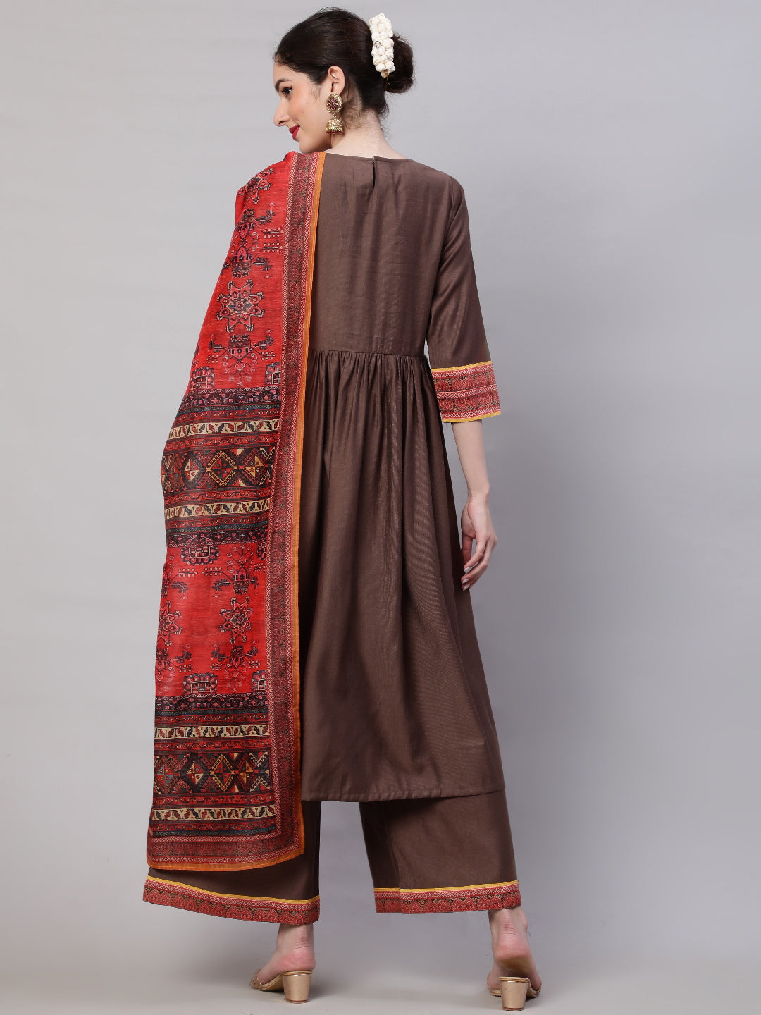 Brown Printed Nyra-Cut Kurta Palazzo With Dupatta