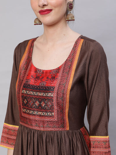 Brown Printed Nyra-Cut Kurta Palazzo With Dupatta