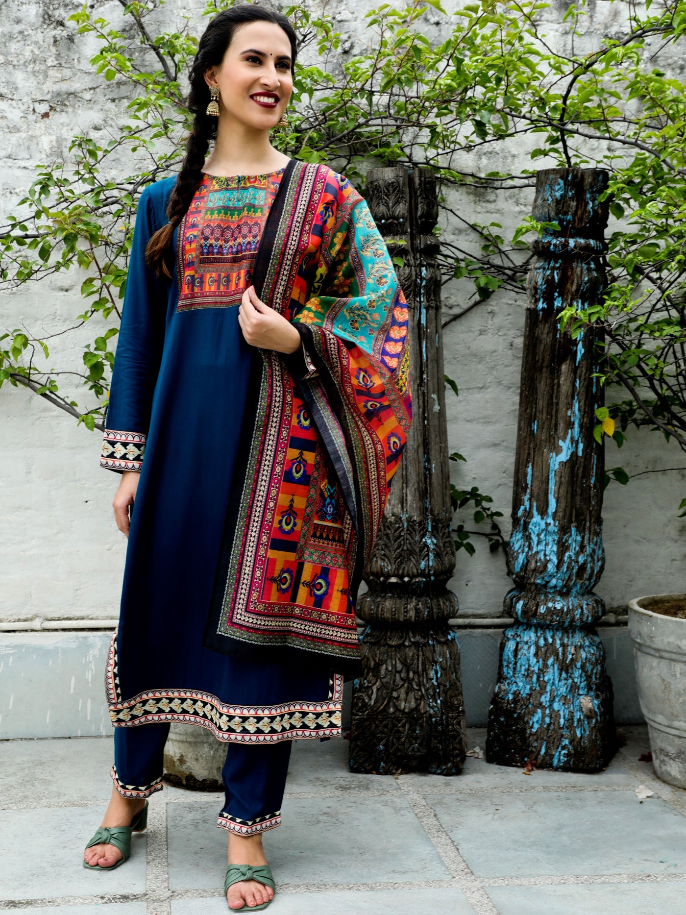 Blue Printed Kurta Pant With Dupatta