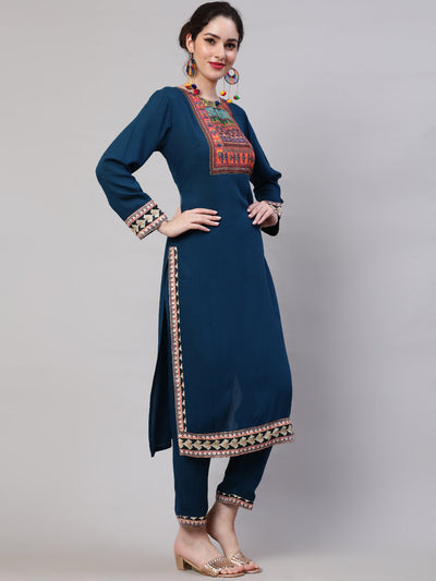 Blue Printed Kurta Pant With Dupatta