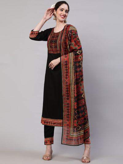 Black Printed Kurta Pant With Dupatta