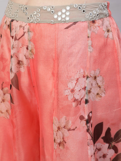 Peach Floral Print Co-ord Set With Jacket