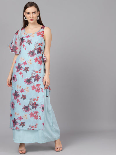 Blue Floral Print Layered Asymmetric Maxi Dress