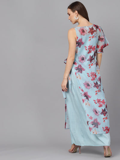 Blue Floral Print Layered Asymmetric Maxi Dress