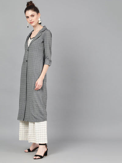 Grey Checked Roll Up Sleeves Long Jacket